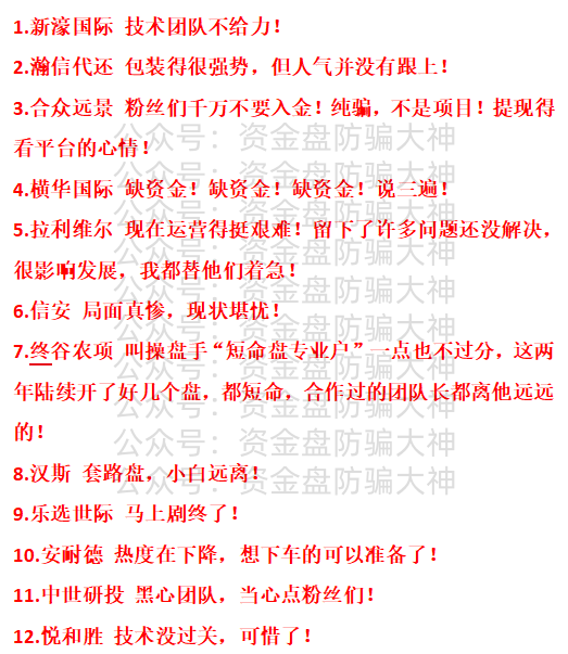 最新资金盘预警!新濠国际、瀚信代还、合众远景TGG、横华国际、拉利维尔、信安、终谷农项、汉斯、乐选世际、安耐德、中世研投、悦和胜-皆妙笔